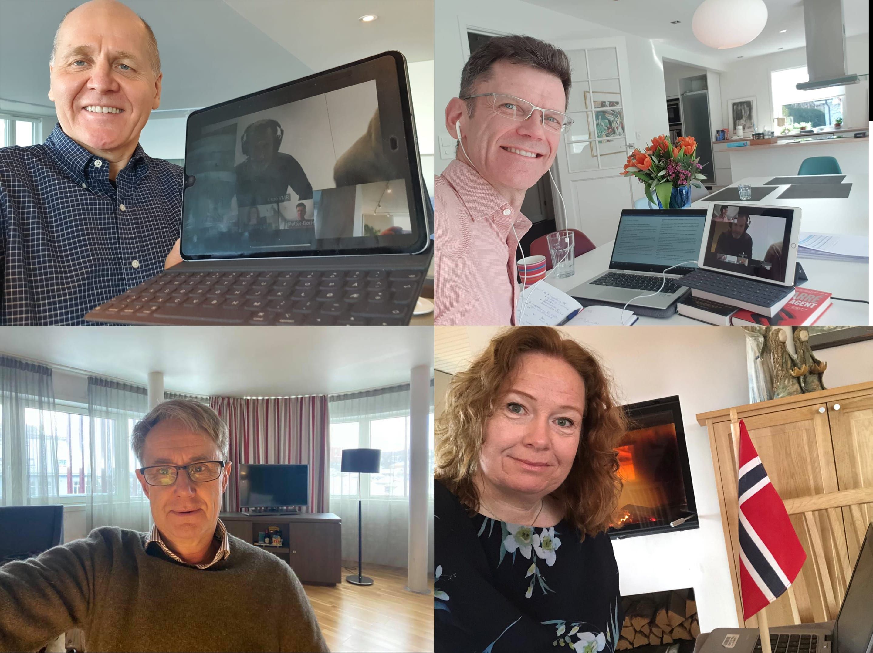 Telenor's leadership opened 5G in Norway via video conference. From top left: Sigve Brekke, Petter-Børre Furberg, Bjørn Amundsen, Ingeborg Øfsthus