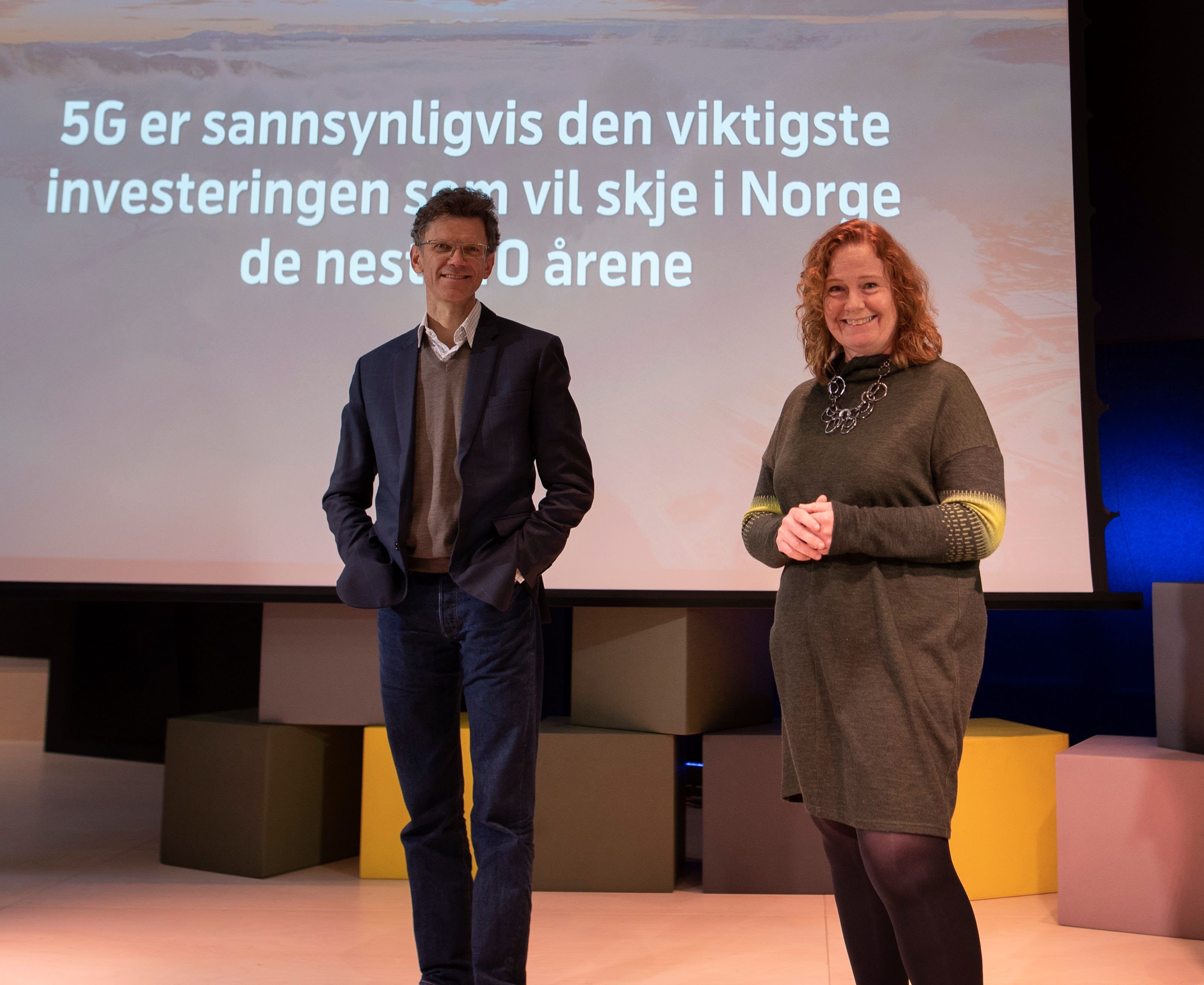 Telenor Norge-sjef Petter-Børre Furberg og teknologidirektør Ingeborg Øfsthus har store ambisjoner for 5G-nettet, og er glade for måleresultatet fra Ookla. Foto: Martin Fjellanger