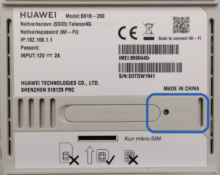 Undersiden av ruter - Nullstille Huawei B818 - Telenor