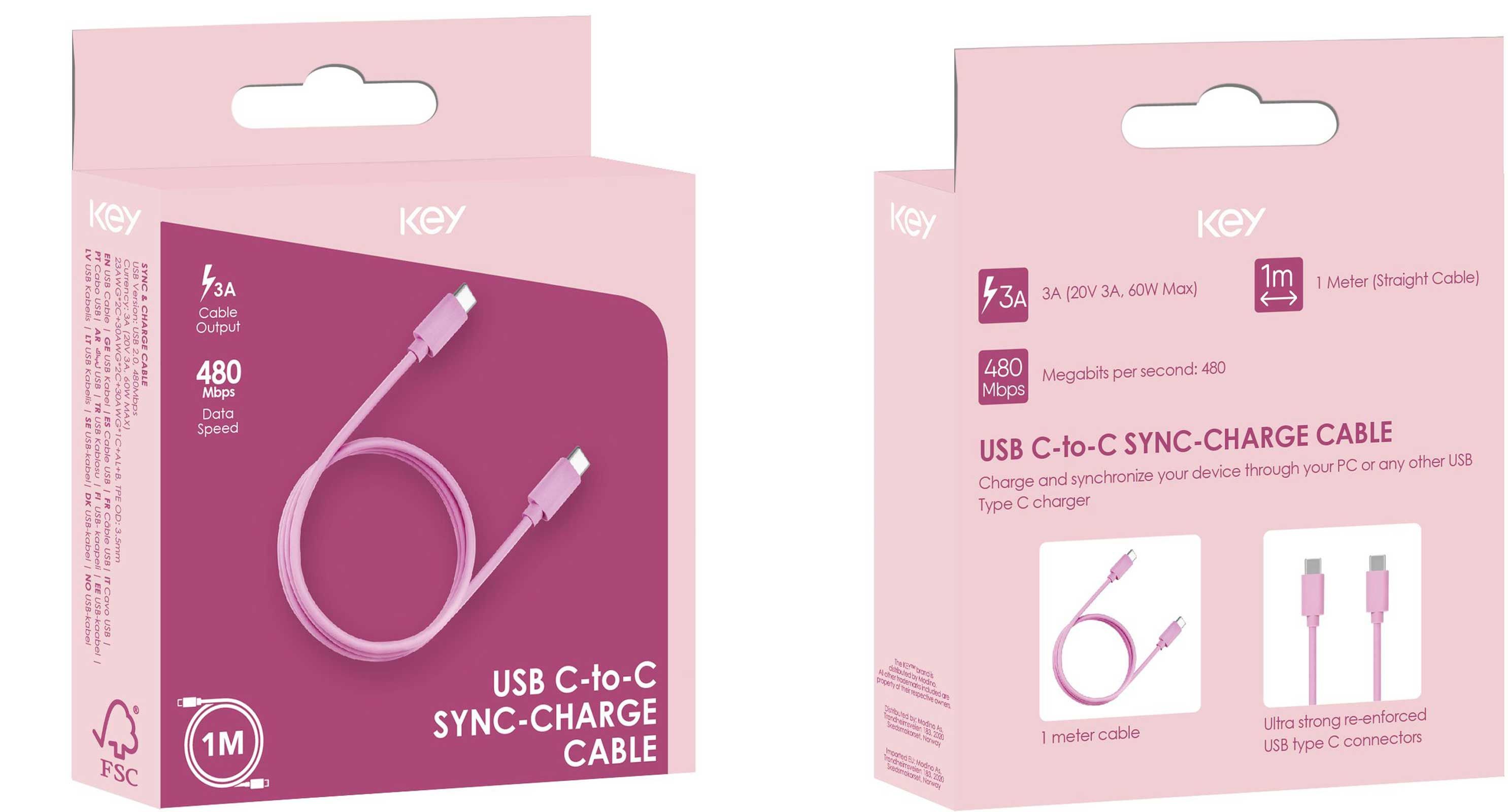 KEY USB-C til USB-C 1m rosa