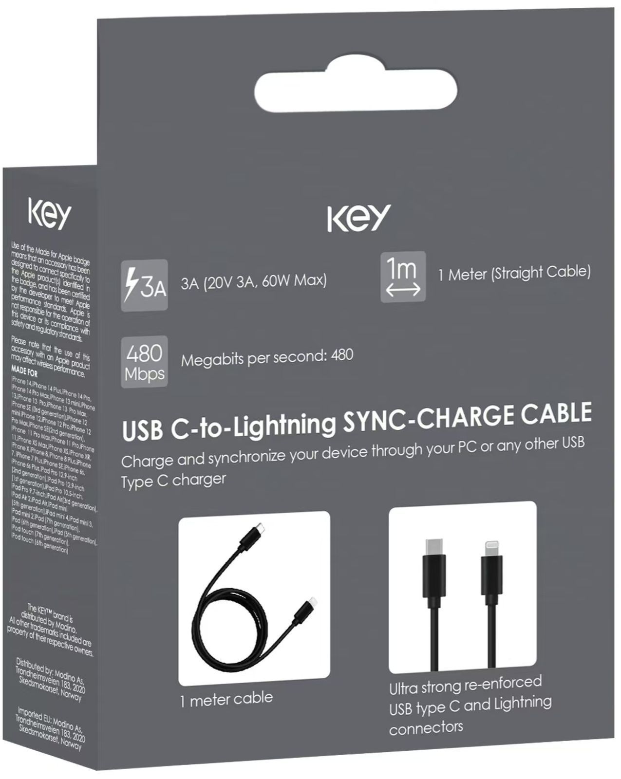 KEY USB-C til Lightning 1m svart