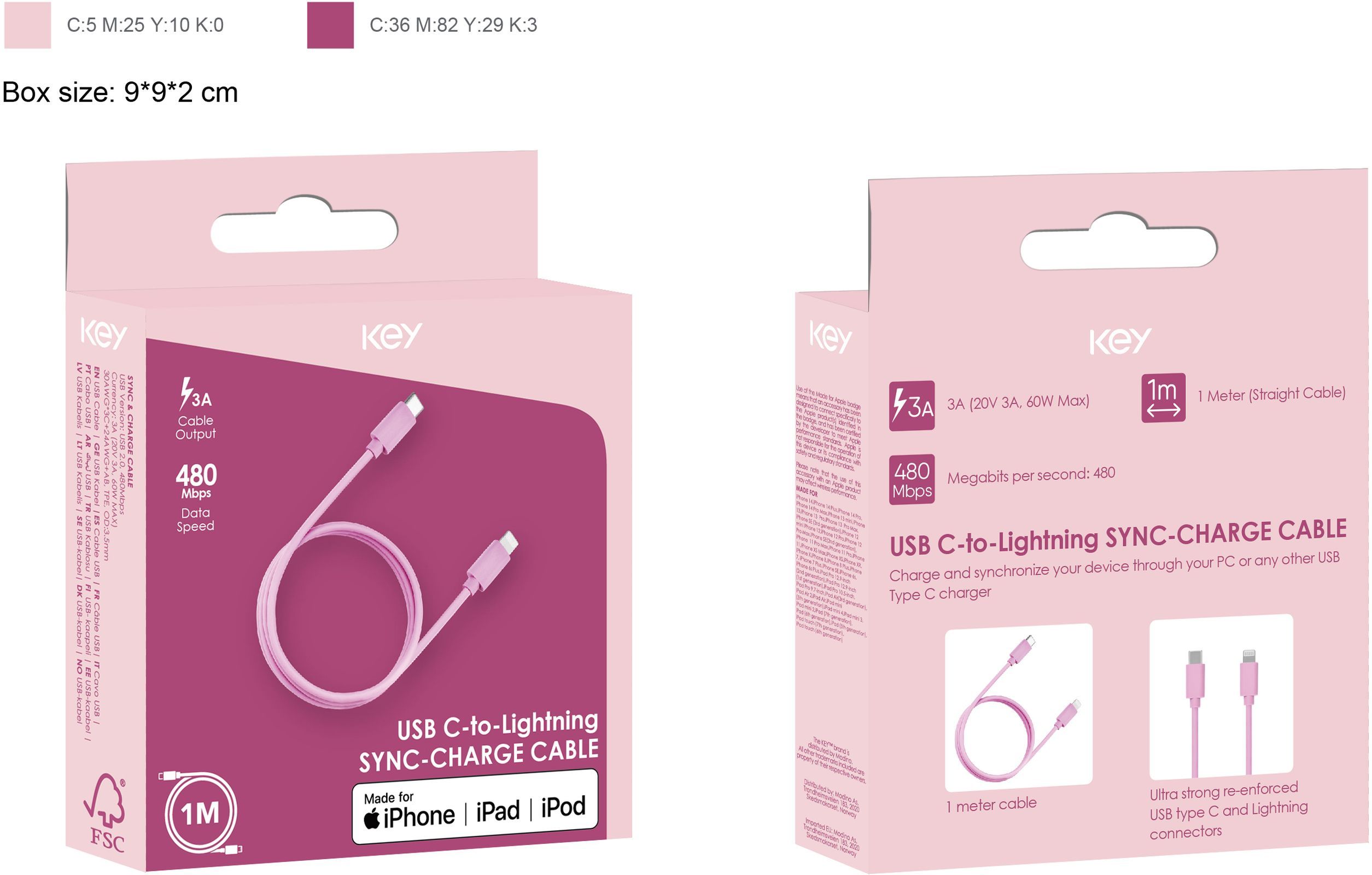 KEY USB-C til Lightning 1m rosa