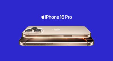 iphone 16 pro i sandfarget titan på blå bakgrunn