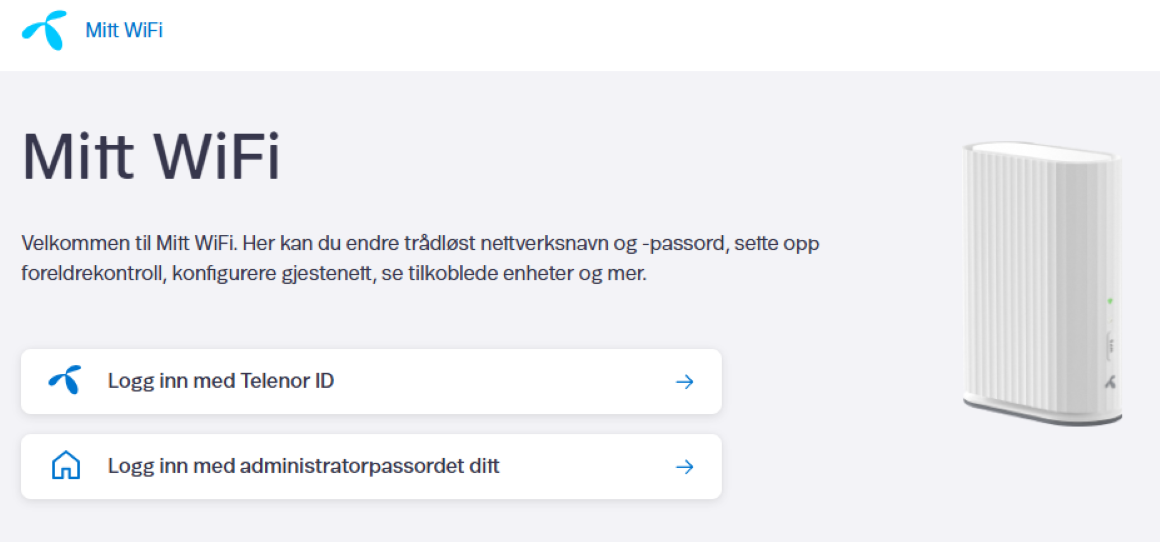 Skjermbilde av Mitt WiFi innlogg - administrasjon av ruter