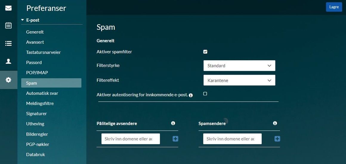 spamfilter preferanser - innstillinger i webmail