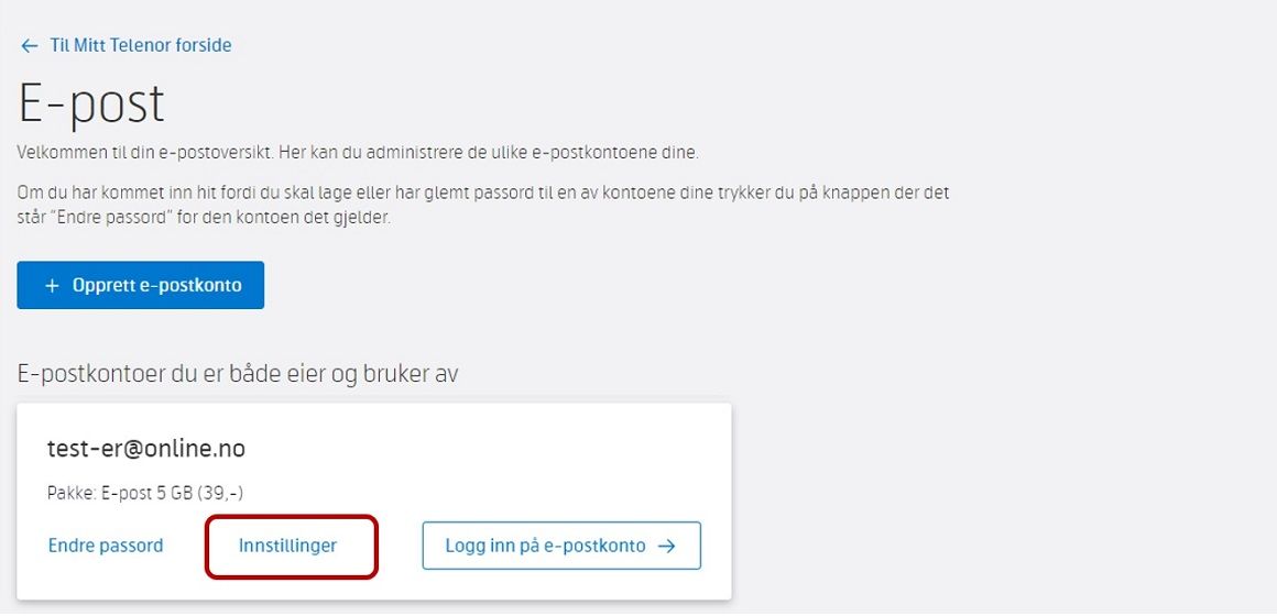 velg innstillinger på epostkontoen du vil si opp epost