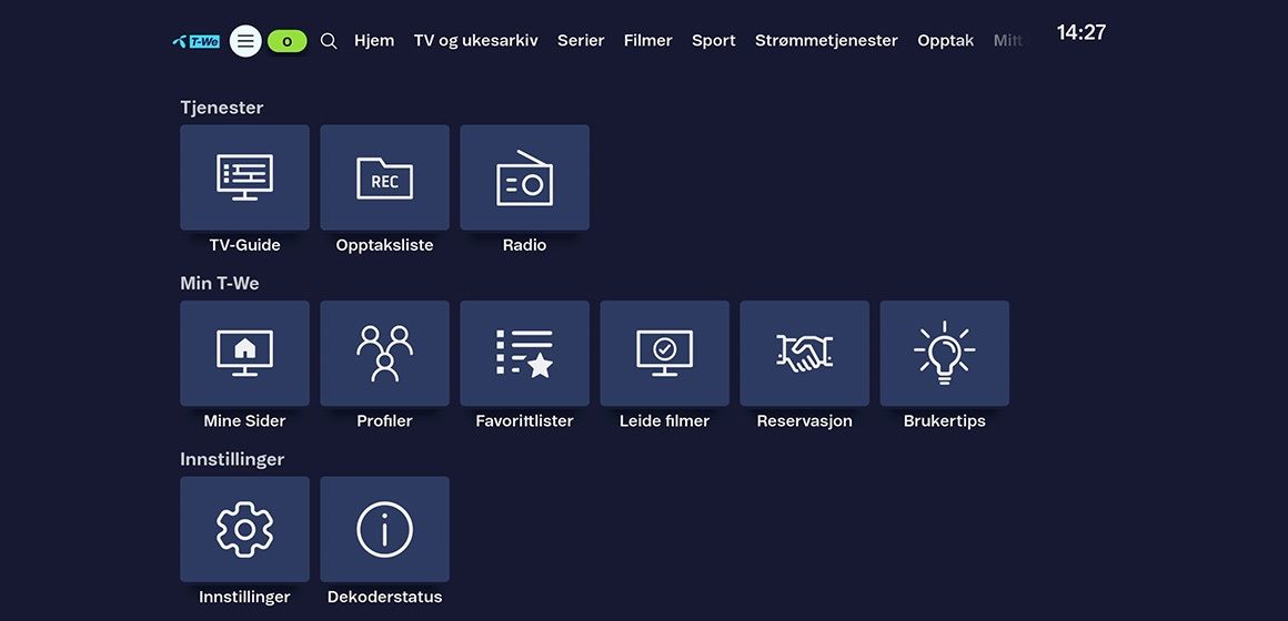 Menyvalg for tjenester, min t-we og innstillinger