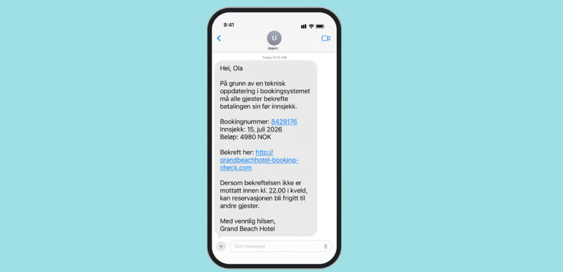 Eksempel på svindel-SMS på mobilskjerm om betaling for hotellreservasjon