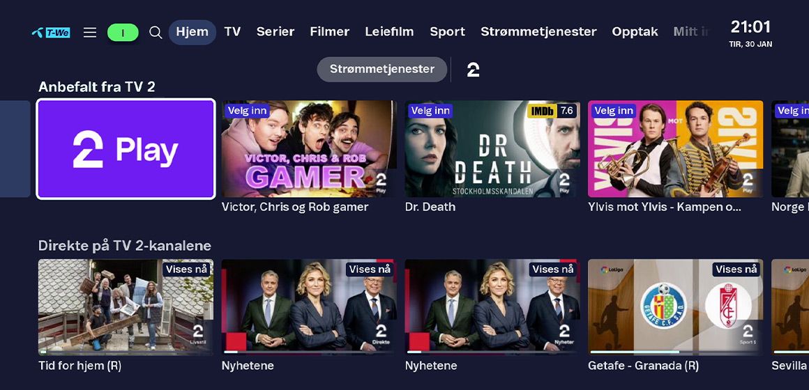 Bilde av alt innholdet du kan se om du husker å aktivere TV 2 Play i T-We.