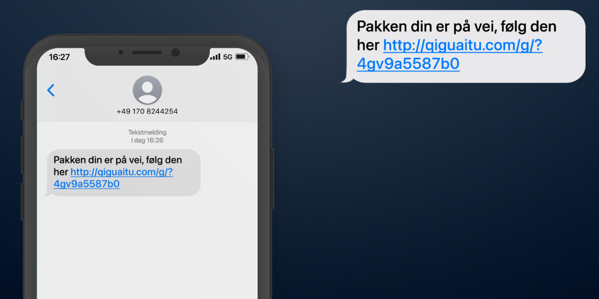 Bilde som viser eksempel på en pakkesvindel-sms med en tvilsom lenke.