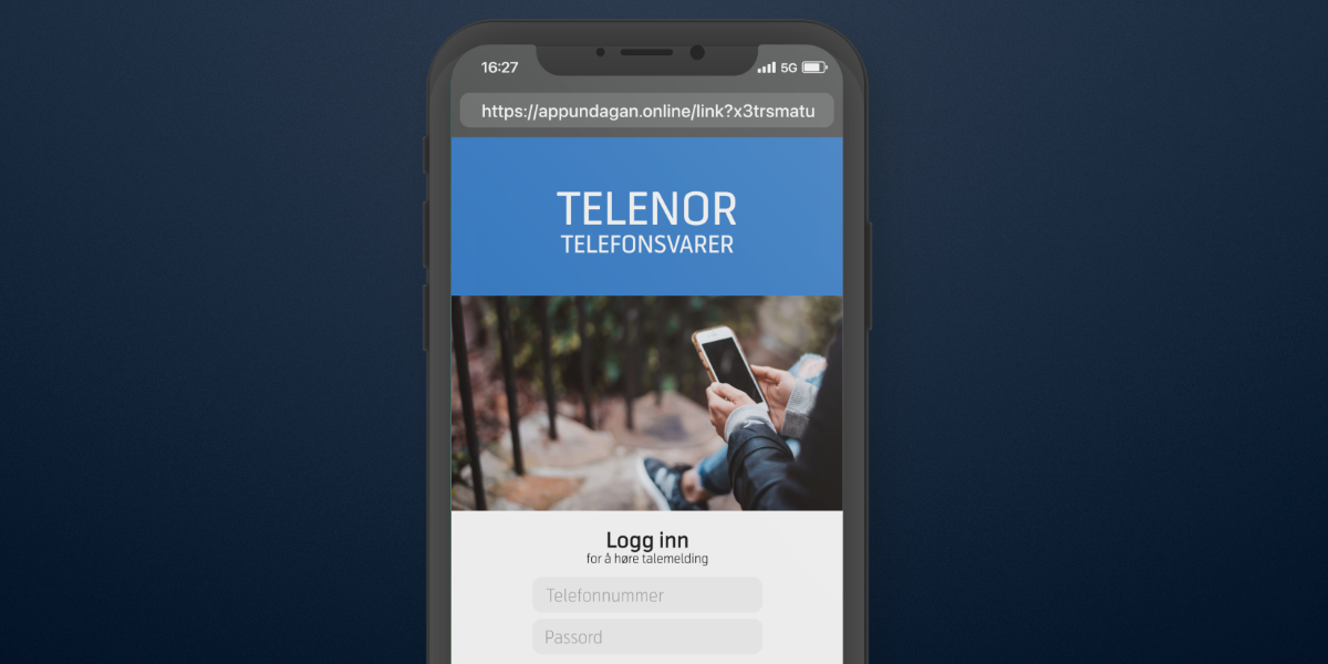 Bilde som viser eksempel på en falsk innloggingsside for Telenors telefonsvarer.