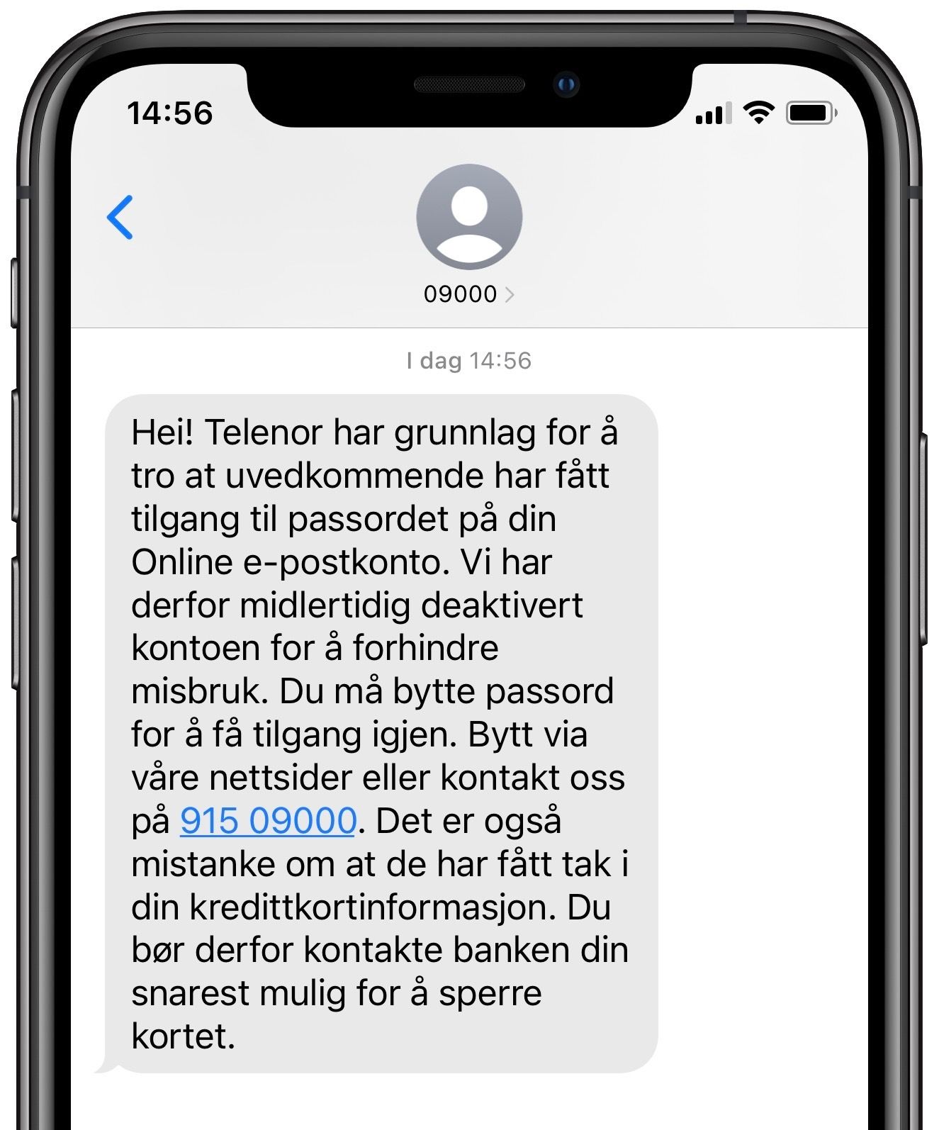 Eksempel på melding som er sendt fra Telenor til potensielle ofre for fakturasvindel.