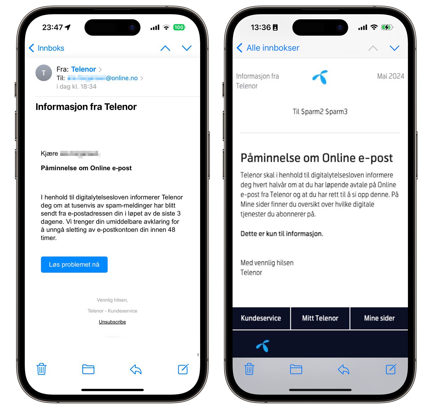 Falsk og ekte e-post fra Telenor