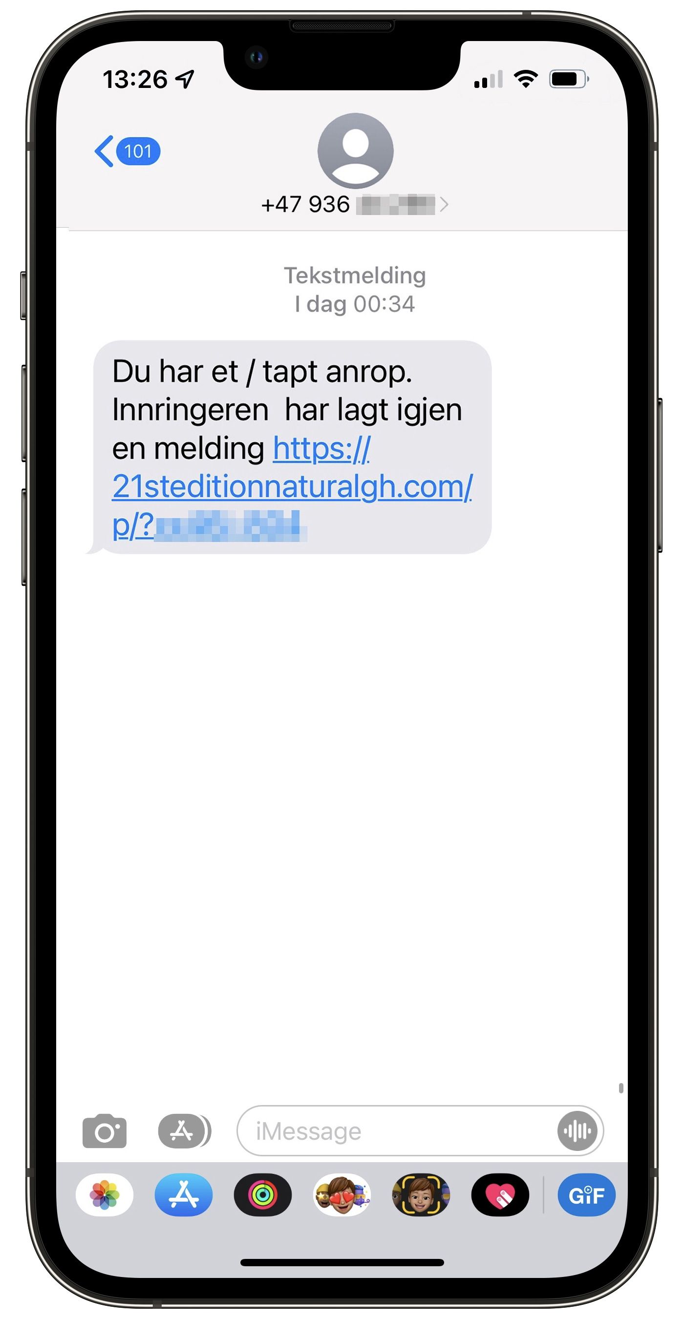 Eksempel på Flubot-SMS