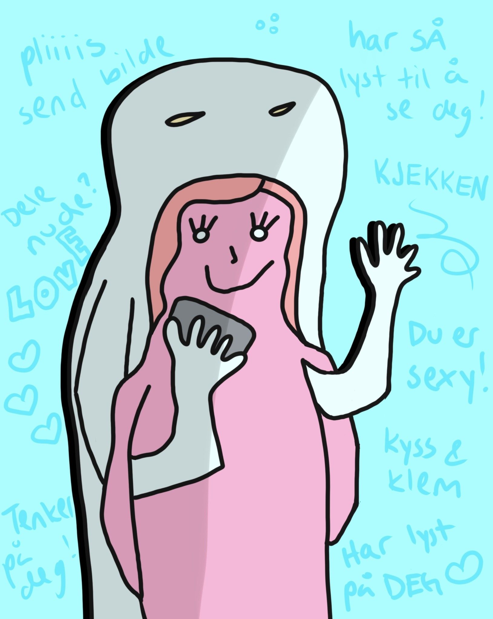 Tegning av smilende person i rosa drakt med hvit hette og meldinger rundt