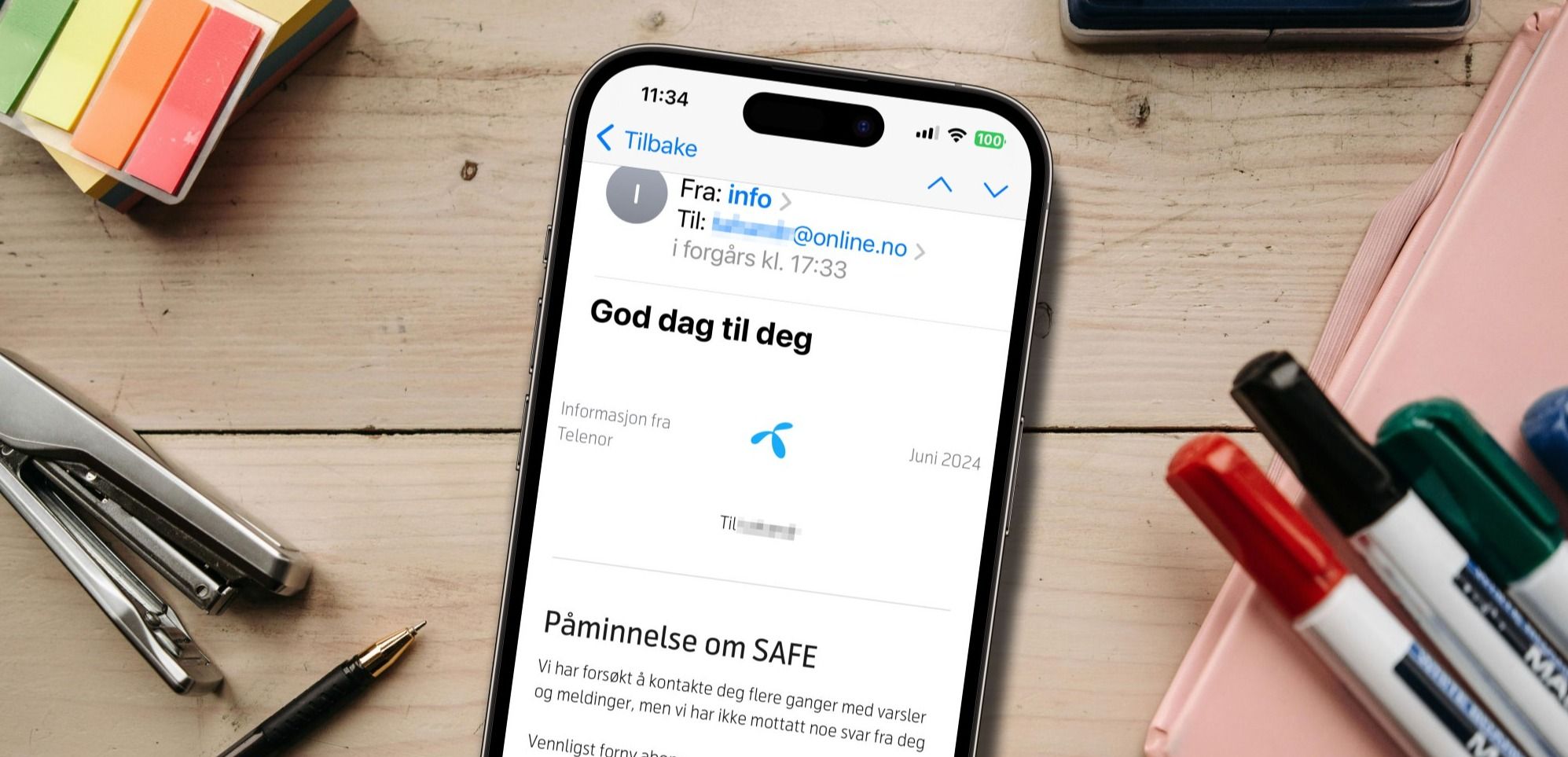 Smarttelefon viser falsk e-post om SAFE fra Telenor