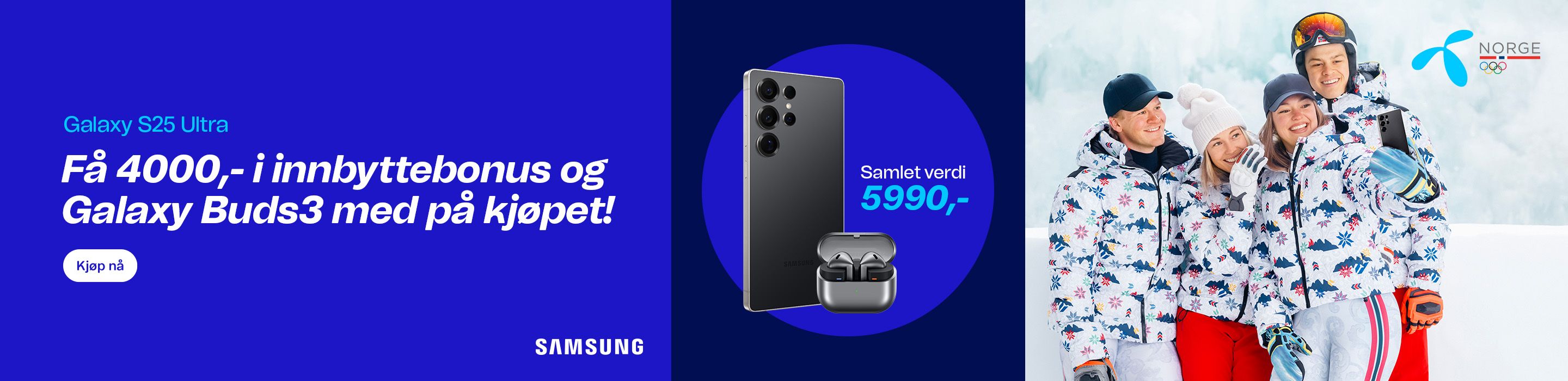 Reklame for Samsung Galaxy S25 Ultra med bonus og tilbehør