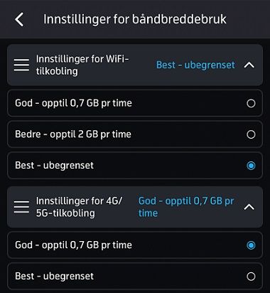 Innstillinger for båndbreddebruk - Endre videokvalitet for avspilling