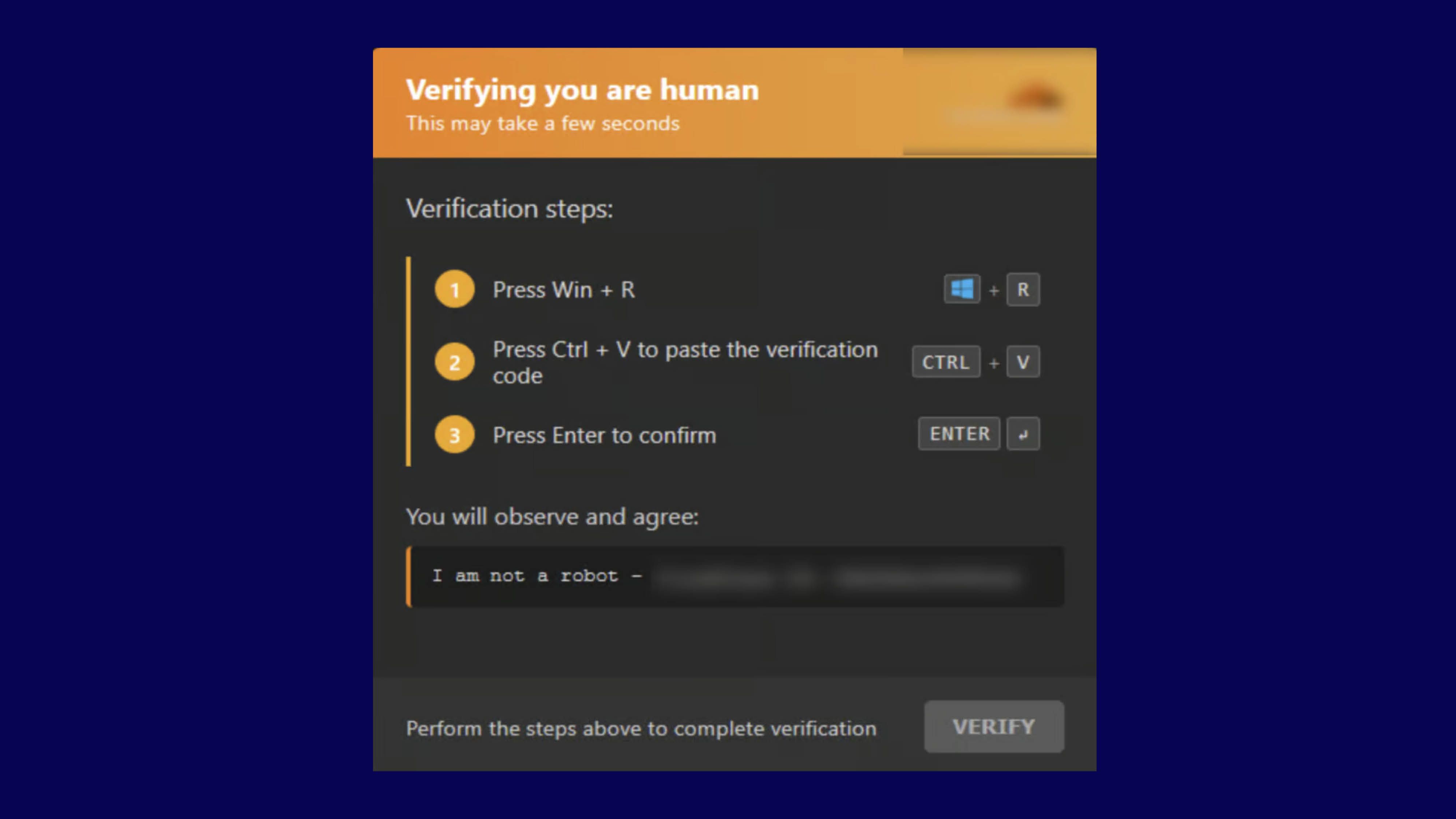 Eksempel på Clickfix som sier: Verifying you are human