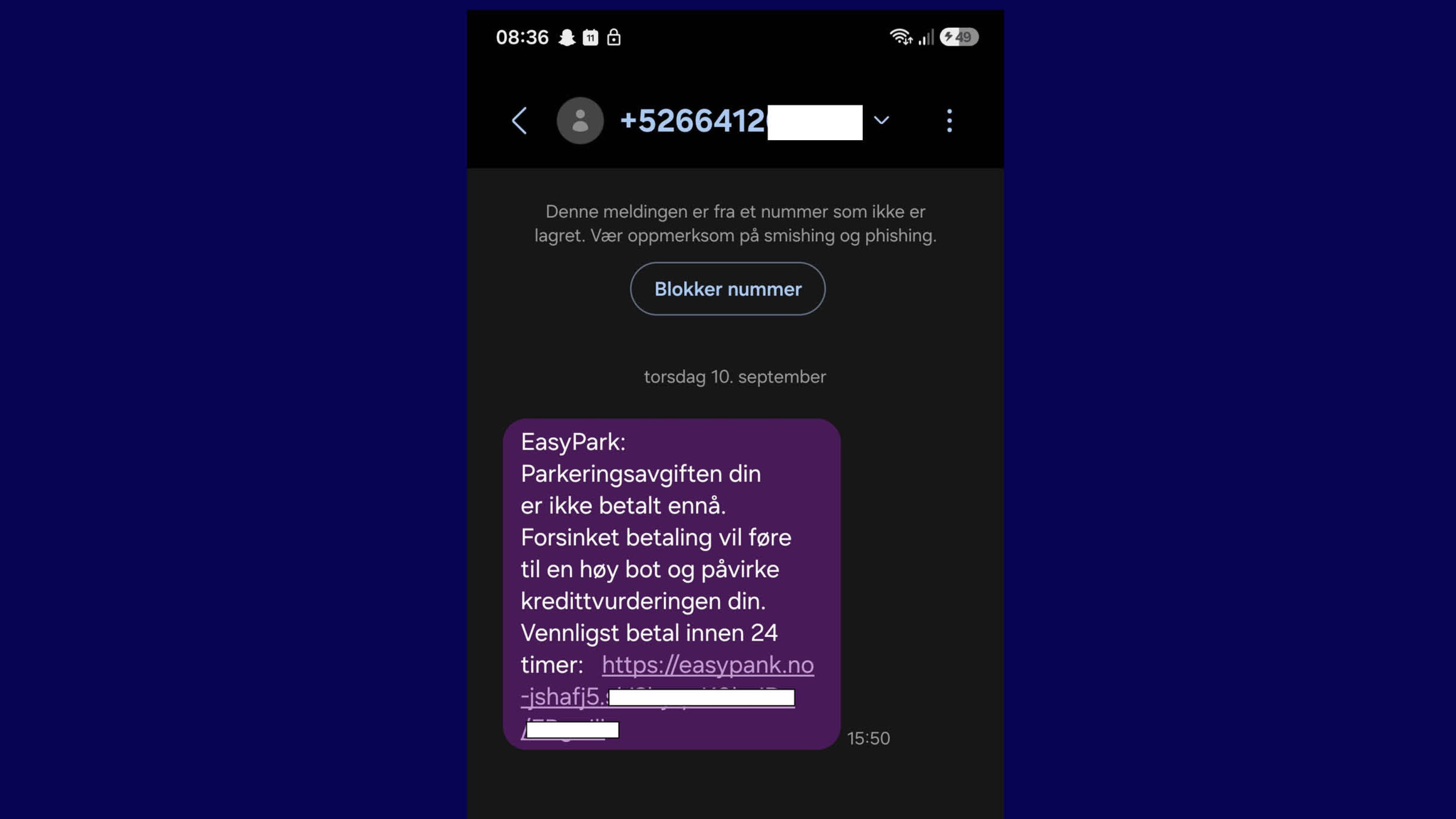Skjermbilde av en svindel-SMS som utgir seg for å være EasyPark, med krav om betaling via en falsk lenke.
