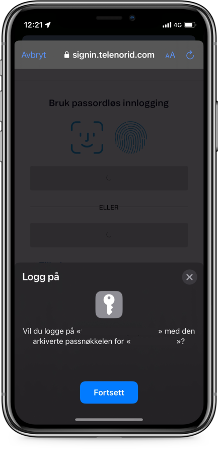 Trykk fortsett for å logge på med den arkiverte passnøkkelen