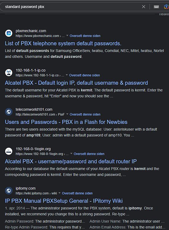 Oversikt over standard brukernavn og passord finnes på nett.