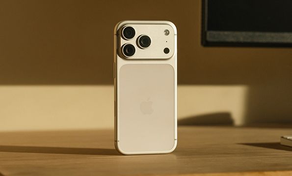 baksiden av iphone 17 pro i fargen sølv står på et bord i sollyset