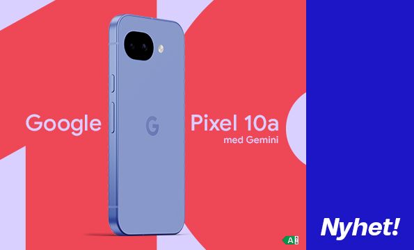 Google Pixel 10a mobiltelefon i blått design med Gemini