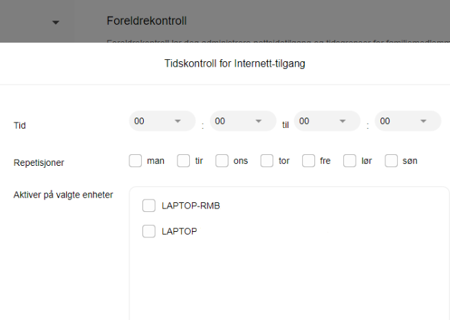 Foreldrekontroll Trådløst Bredbånd. Sette opp regler for tidsbegrensninger på tilkoblede enheter