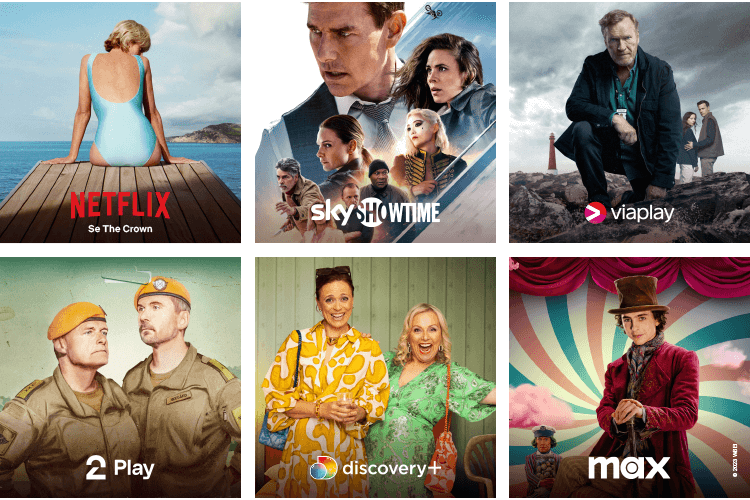 strømmetjenester som  TV2 Play, discovery+, Viaplay og HBO Max