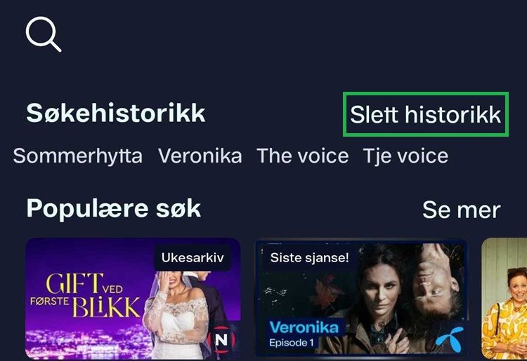 slette søkehistorikk  - søk i t-we app