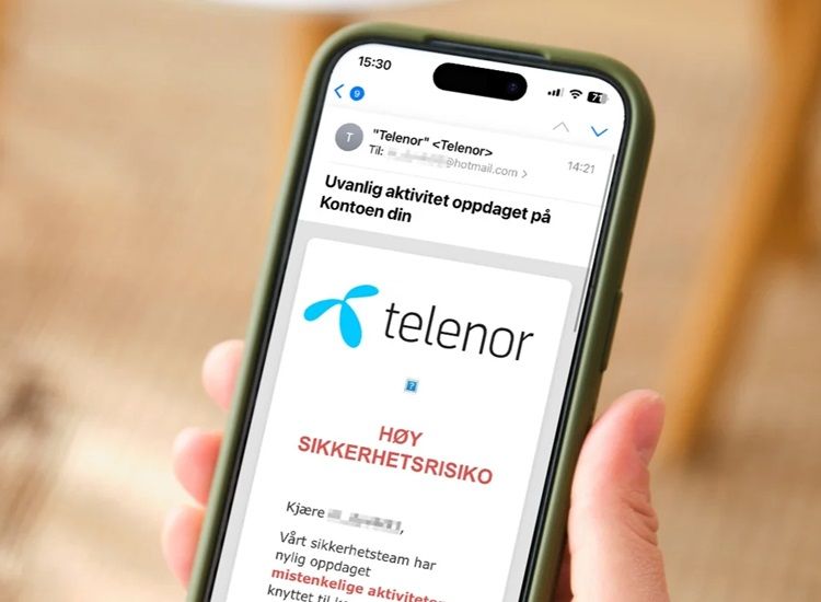 Bilde av en falsk e-post med sikkerhetsvarsel - telenor id