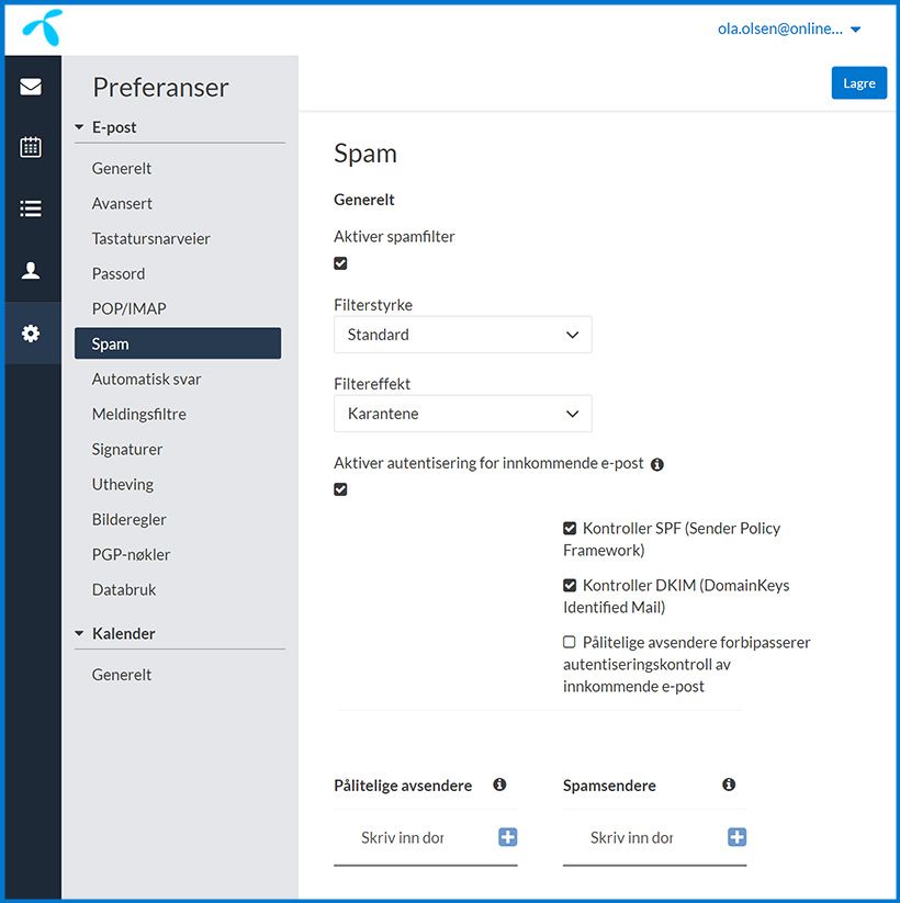 søppelpost eller spam innstillinger - webmail