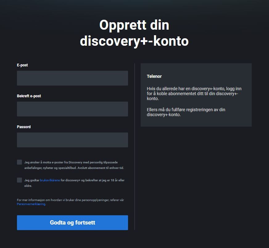 Opprett bruker med discovery+ - aktiver discovery+