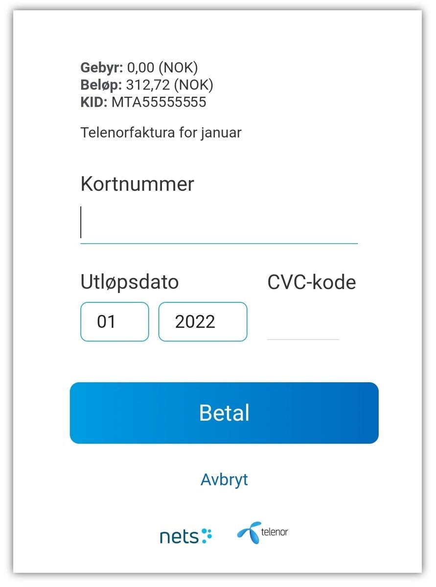 Betale faktura i Mitt Telenor - betaling med kort