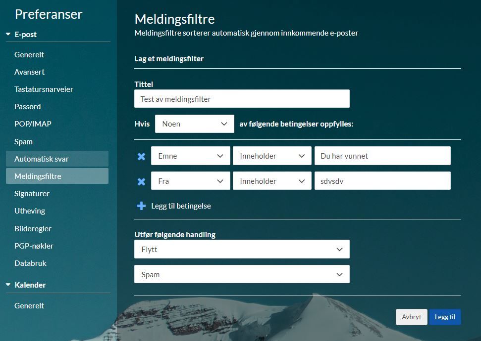 meldingsfiltre i online e-post