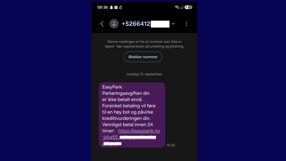 Skjermbilde av en svindel-SMS som utgir seg for å være EasyPark, med krav om betaling via en falsk lenke.