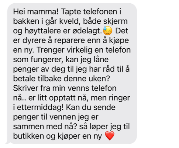 Tekstmelding om ødelagt telefon.